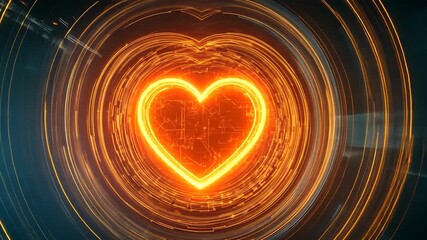 Neon heart in a swirling digital tunnel - Powered by Adobe