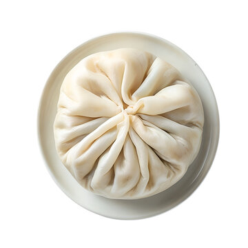 Baozi or Chinese steamed bun, served on a plate isolated on transparent background, top view 