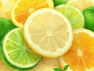 Freshly sliced citrus fruits including lemons, limes, and oranges with water droplets