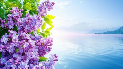 Visually striking product photography, commercial poster of a colorful lake, balanced composition with ample copy space for text, advertising background, lilac lake with a peaceful dawn