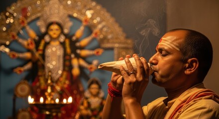 Priest blowing conch shell before goddess Durga idol during puja ceremony