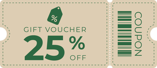 Stylish 25% discount coupon with a green and beige theme, ideal for sales, promotions, retail offers, and marketing campaigns. Perfect for commercial, e-commerce, or store advertising use.