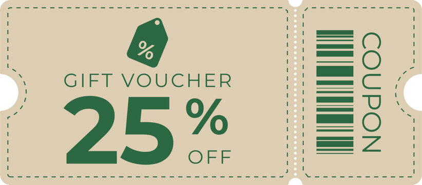 Stylish 25% discount coupon with a green and beige theme, ideal for sales, promotions, retail offers, and marketing campaigns. Perfect for commercial, e-commerce, or store advertising use.