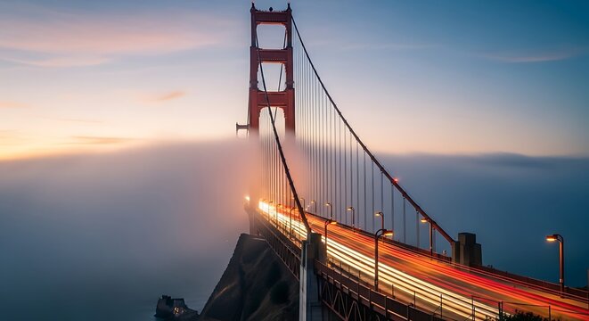 Foggy allure of the golden gate bridge at dusk with traffic light streaks