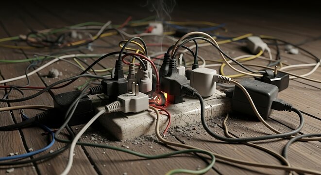 Hazardous electrical overload with sparking outlet and tangled wires on wooden floor