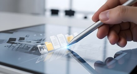 Hand using stylus on digital tablet displaying virtual documents and data