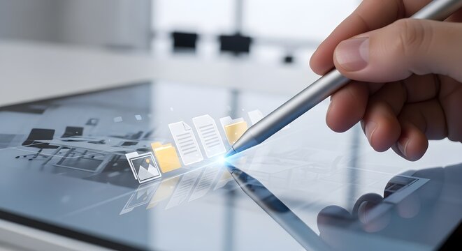 Hand using stylus on digital tablet displaying virtual documents and data