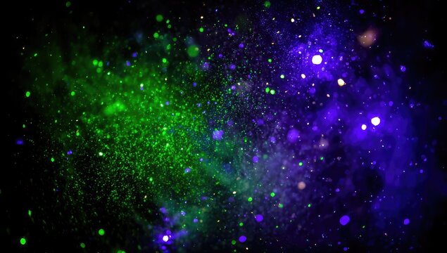 Abstract cosmic background with vibrant green and purple particle effects - Powered by Adobe