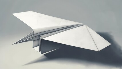Sleek White Origami Airplane Casting a Dramatic Shadow on a Minimalist Grey Background