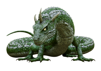 Fantasy creature inspired by a dragon with unique scales and horns in a dark background