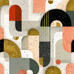 Bauhaus arch shape pattern with terrazzo textures and holographic accents
