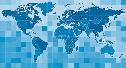 Graphical world map illustration with a pixelated blue grid backdrop for global themes