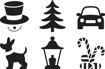 Festive holiday icons dog car snowman tree candy cane lantern