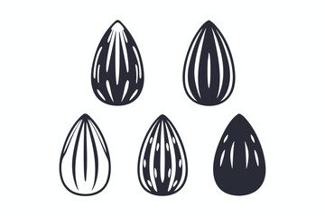 Almond Icon Set Stylized Dark Shapes on White, Food Element, Diverse Style