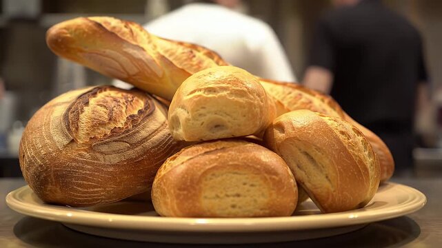 Close Up of Golden Bread Assortment Featuring Baguettes Rolls and Boules on a Beige Plate With Soft Kitchen Background
