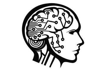 Abstract Head Profile, Circuit Board Brain, Connections in Black and White Design
