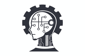 Dark Grey Mechanical Gear Head Silhouette on White Background, Circuitry Detail