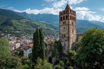 Fototapeta premium Historic Strong Tower: The Powder Tower of Merano, a Landmark in South Tyrol, Italy