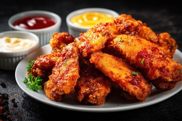 Fototapeta premium Savory Fried Chicken Wings Served with Assorted Dipping Sauces on a Dark Plate for an Irresistible Dining Experience