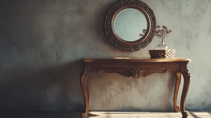 Elegant wooden console table with ornate mirror above, featuring a vase of dried flowers, illuminated by soft natural light.