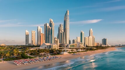 Obraz premium Aerial View of Luxury Beachfront Cityscape with Skyscrapers and Palm Trees