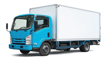 Compact White Box Truck with Blue Cabin - Versatile Delivery Vehicle on Clean White Background