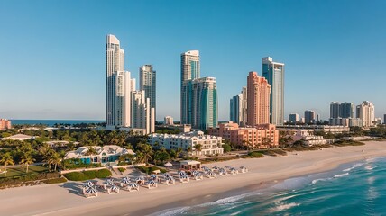 Obraz premium Aerial View of Luxury Beachfront Cityscape with Skyscrapers and Palm Trees