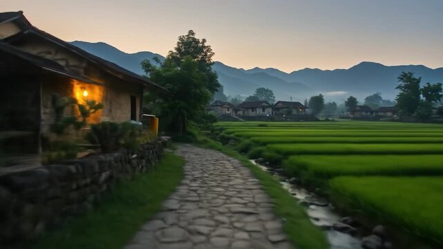 Rural landscape with houses stone path stream and rice field at sunrise