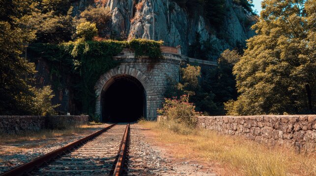A scenic view of a railway tunnel surrounded by lush greenery and rocky cliffs, inviting exploration into the unknown.