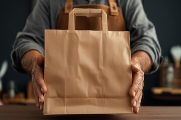 Close-up of hands holding a brown paper bag.
