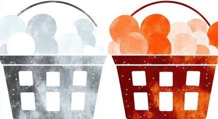 Two watercolor baskets, one gray, one orange, filled with circles