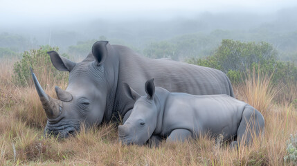 White Rhino Mother and Calf Resting in Morning Mist on Grasslands – Raising Awareness for World Rhino Day and Conservation Efforts