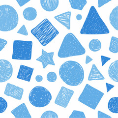 Blue crayon drawn funky rounded geometric shapes seamless banner design. 