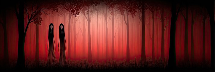 Two shadowy figures walk through a blood-red, misty forest