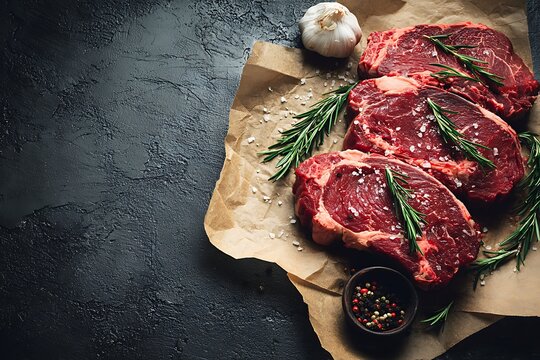 Fresh raw steaks with herbs on parchment against textured dark background  
