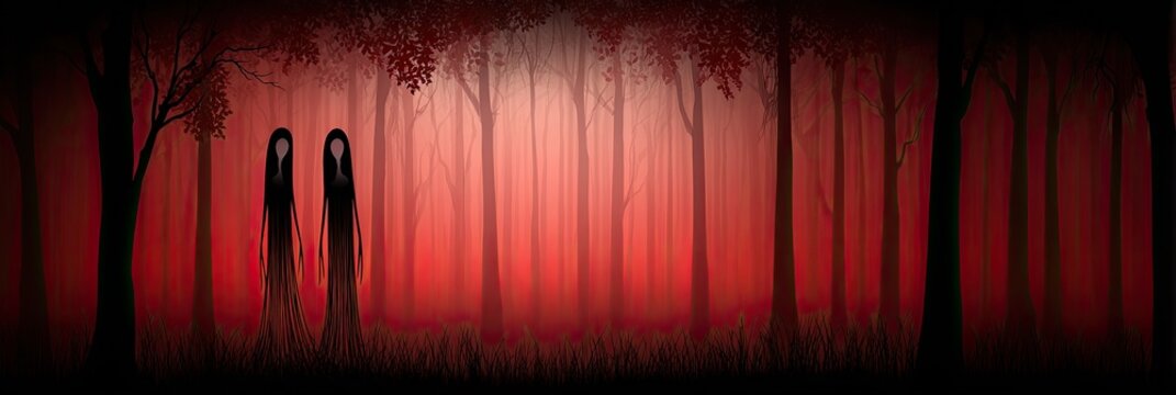 Two shadowy figures walk through a blood-red, misty forest