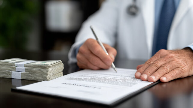 Symbolic Scene of a Contract, Pen, and Bundled Cash Being Pushed Toward a Doctor’s Hesitant Hands, Highlighting Themes of Bribery, Moral Struggle, and Unethical Financial Pressure