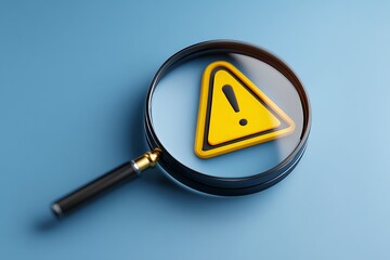 Caution error icon under magnifying glass for warning focus  
