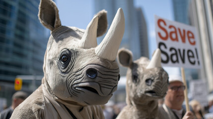 Protesters in Rhino Costumes Holding Save Signs During World Rhino Day March to Support Endangered Species Protection