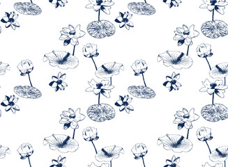 Chinoiserie Inspired Toile de Jouy seamless pattern. East lotus flowers in Monochrome Elegance