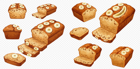 Collection of delicious banana bread loaves, shown whole, sliced, and from various angles.