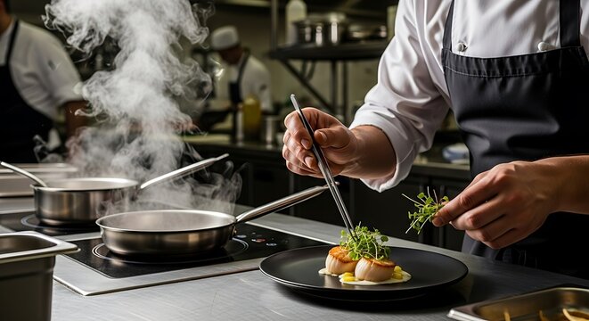 The art of culinary precision An expert chef meticulously garnishing a gourmet scallop dish in a professional restaurant kitchen.
