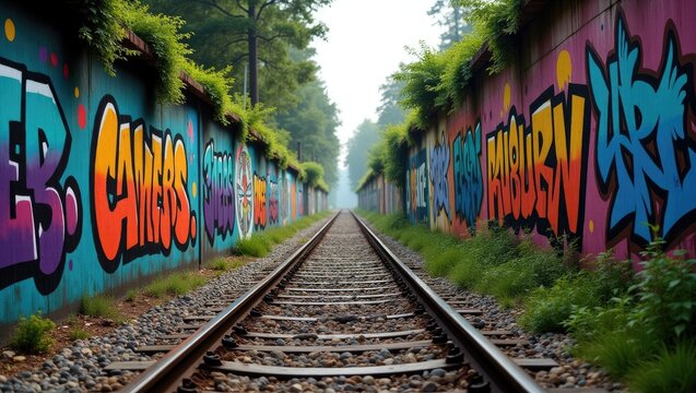 Colorful graffiti art adorns a railway track. - Powered by Adobe