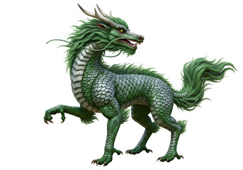 Obraz premium Fantasy Green Dragon with Spiral Horns and Scaly Body in a Mythical Setting