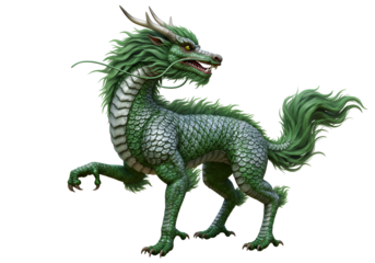 Fantasy Green Dragon with Spiral Horns and Scaly Body in a Mythical Setting
