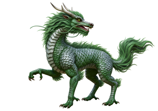 Fantasy Green Dragon with Spiral Horns and Scaly Body in a Mythical Setting