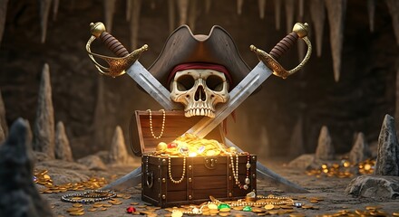 Pirate's booty treasure chest with gold coins skull and swords amidst rugged rocky cave backdrop