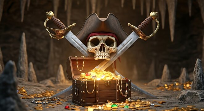 Pirate's booty treasure chest with gold coins skull and swords amidst rugged rocky cave backdrop