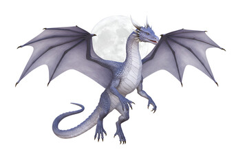 Fototapeta premium Fantasy Illustration of a Mythical Silver Dragon Flying Against a Full Moon Night Sky