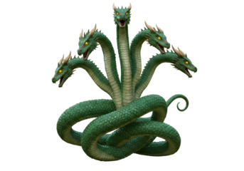 Fantasy Illustration of a Multi-Headed Green Dragon with Six Heads and Menacing Expression